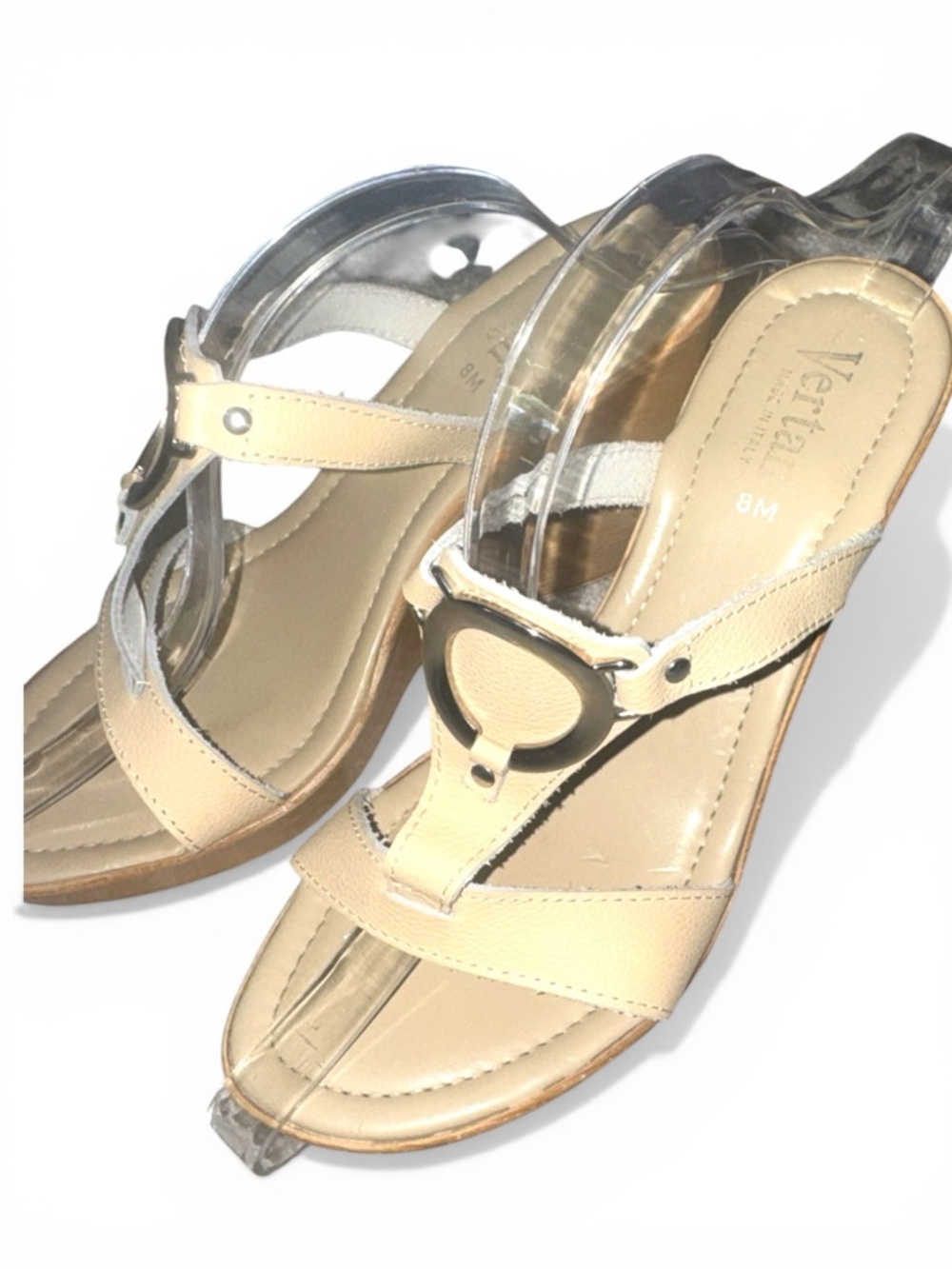 Vertan wedge slip on sandal with silver ring accent made in Italy size 8 cream